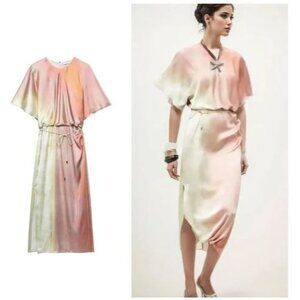 Zara Womens Ombre Satin Midi Dress Pink Green Belted Bloggers Favorite Size XL